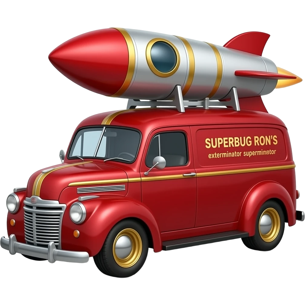 Heroic SuperBug Ron’s exterminator superminator antique rocket powered moving van emoji