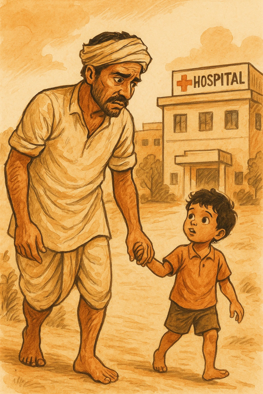 A rural Indian farmer in dhoti, with his young child, approaching a hospital for a health checkup, focus on care and concern, hospital sign visible, expressive illustration emoji