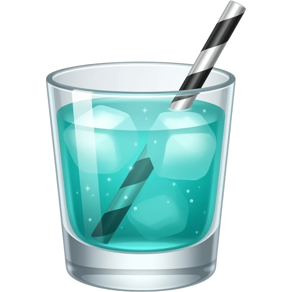 turquoise colored cocktail in shot glass with chrome swizzle stick with sparkles and ice emoji