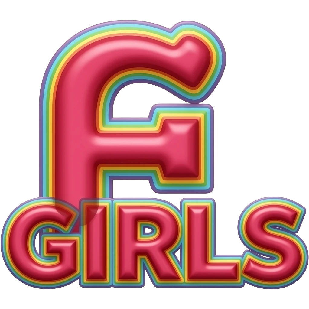 name "Girls" in raspberry red 3D style typography lettering, each color of the rainbow as a border outlined around each letter, isolated, 3d rendering, no emoji icons no emoji faces and must have no human figures emoji