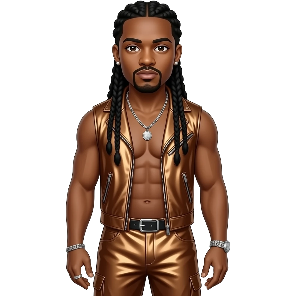 Omarion with long black braided hair, bronze metallic vest, bronze metallic baggy pants, silver necklace and earrings emoji