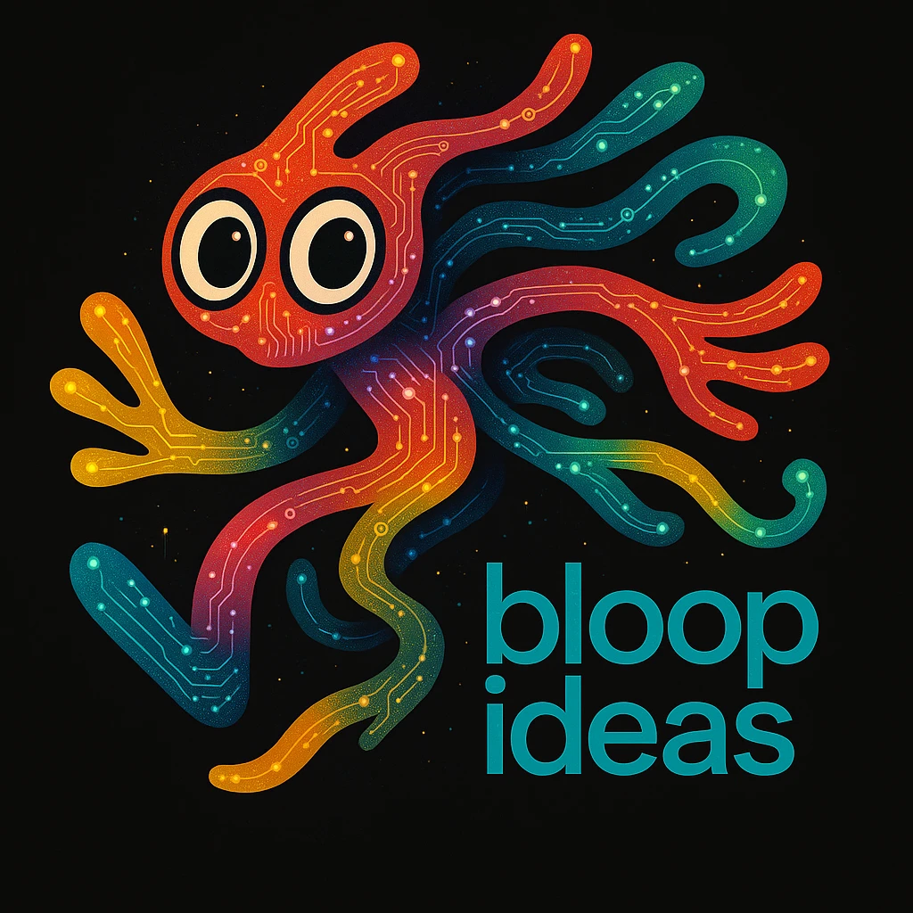 Add subtle tech details such as circuit patterns, digital dots, or glowing lines to the abstract mascot character. Maintain the playful, energetic, and imaginative vibe suitable for a black website background. Retain the bright, lively color palette and include the tagline 'bloop ideas'. emoji