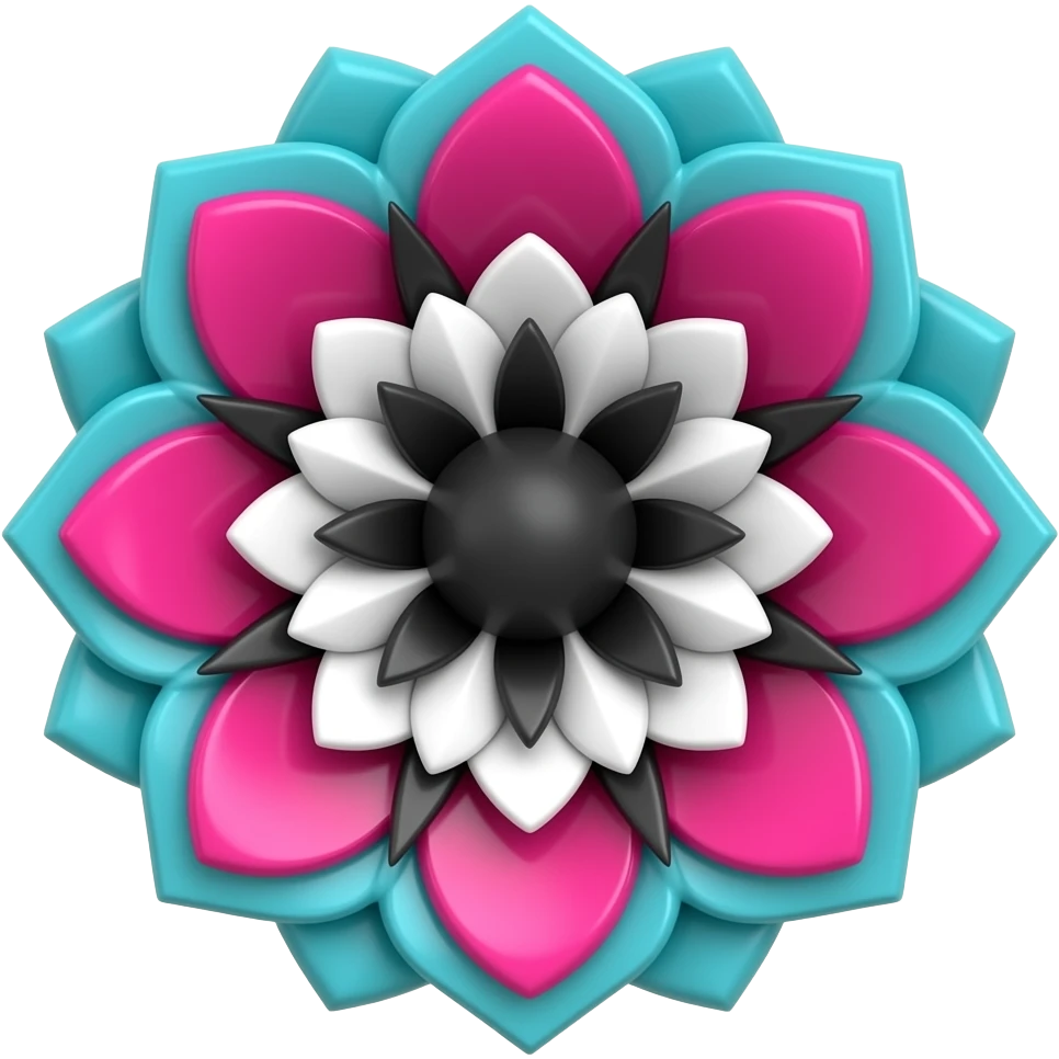 Isolated 3d rendering, bright fuchsia pink, to black, white, to turquoise beautiful large flower mandala pattern, high definition, must have no emoji faces, no emoji icons, no human figures. emoji