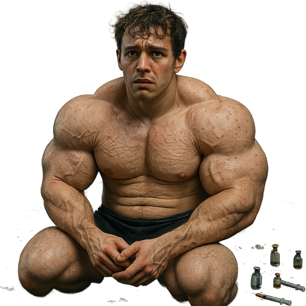 realistic young inexperienced bodybuilder with swollen disproportionate muscles, skin marked by stretch marks and acne, desperate expression, messy gym, scattered vials and syringes, cold dramatic light, isolated on white background, 4K quality emoji