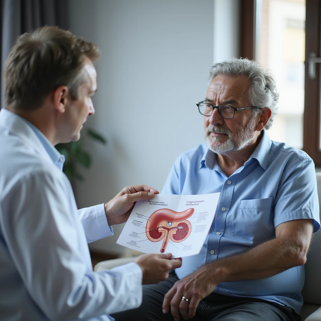 clinical scene of a doctor explaining to an adult patient a diagram with pancreas and blood glucose, prevention atmosphere, Italian text 'Prevenzione e gestione del diabete di tipo 2', 4K quality emoji