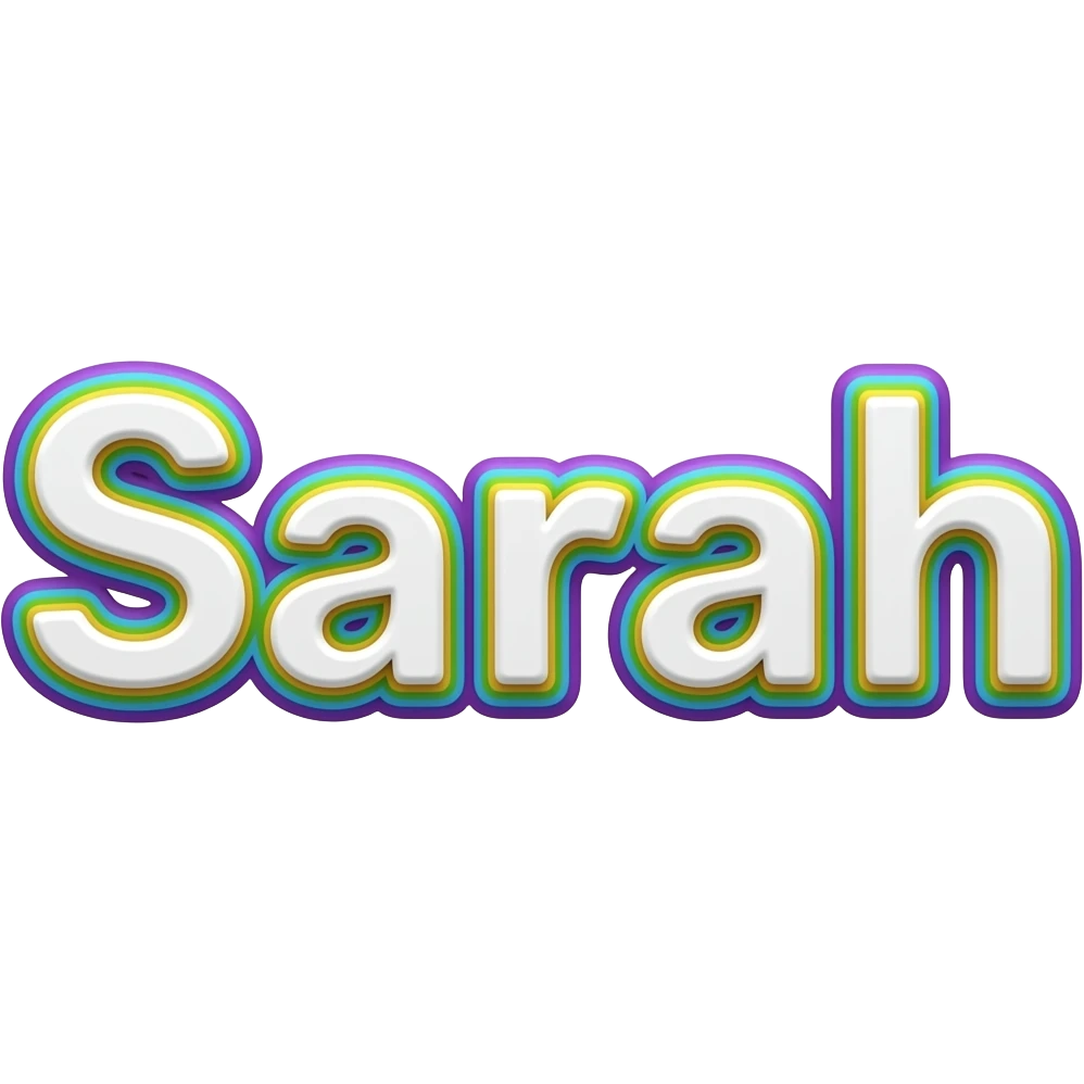 name "Sarah " in crisp white typography lettering, each color of the rainbow as a border outlined around each letter, isolated, 3d rendering, no emoji icons no emoji faces and must have no human figures emoji