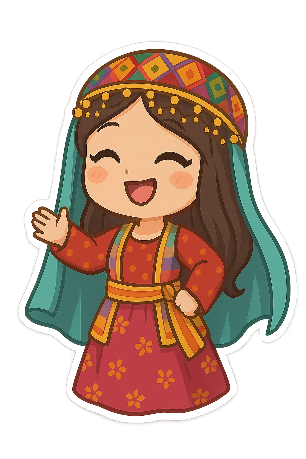 cartoon Kurdish woman wearing traditional female Kurdish clothing, colorful and cheerful, no text, suitable for WhatsApp and Instagram sticker, transparent background emoji