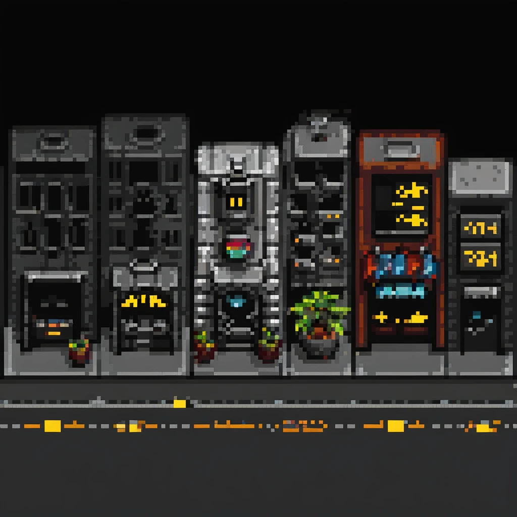 Wide pixel art background of a dark Gotham City street. Empty road with sidewalk, flickering lamppost casting light, trash bins nearby, distant shadowy silhouettes. Tall buildings in the background, moody atmosphere, subtle rain or fog. emoji