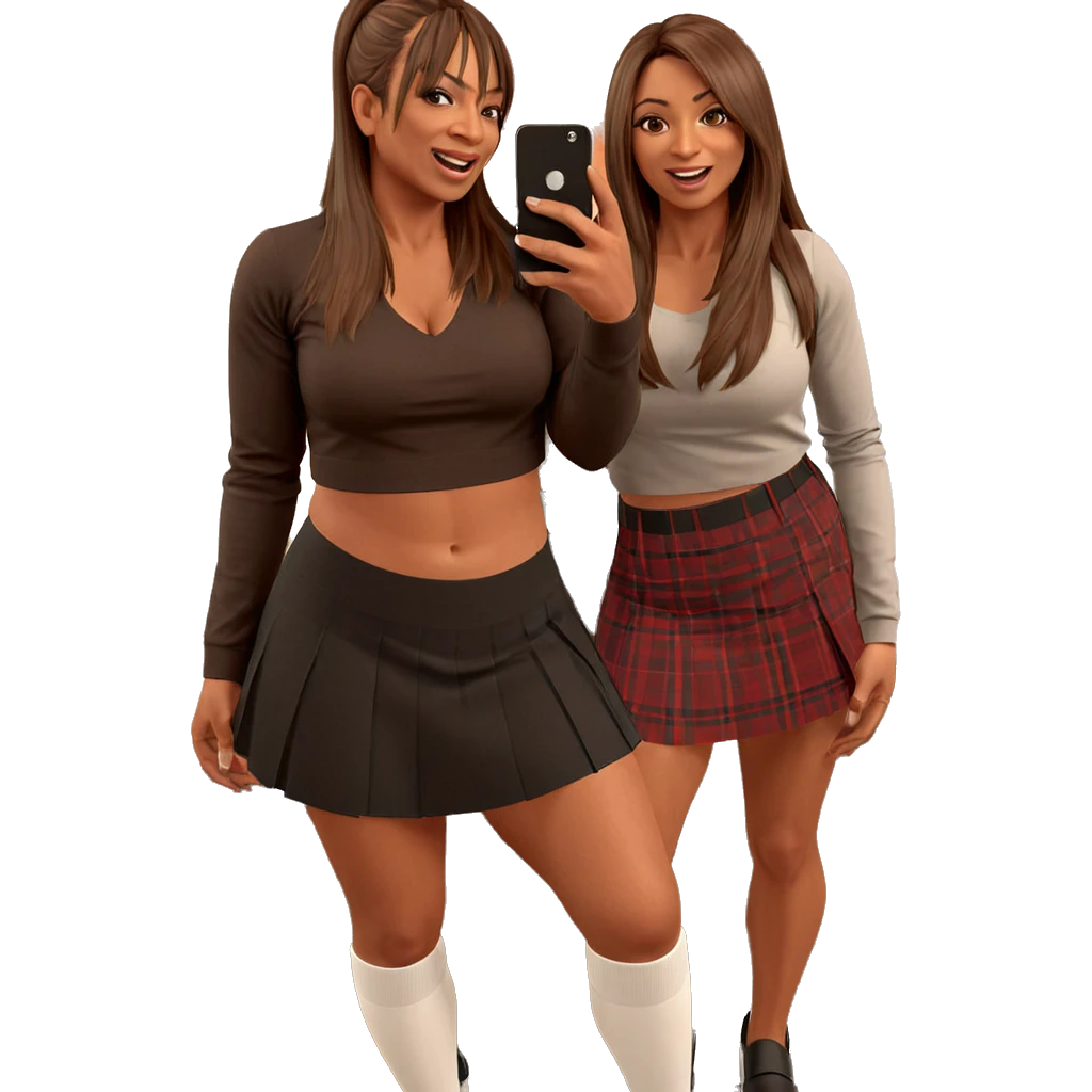 sisters playful selfie in skirts emoji