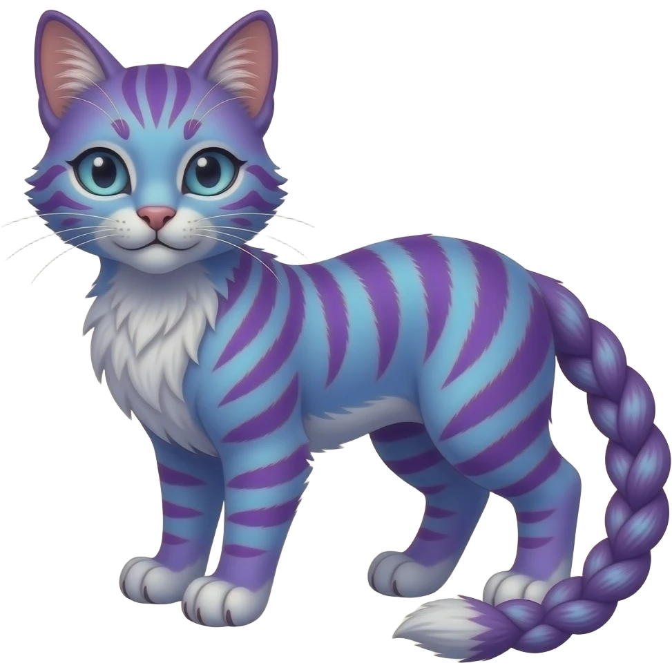 Colorful vernid fantasy creature LiLaiRa Kamirah Falvie whiskers paws full body purple blue gradient stripes braided tail feline emoji