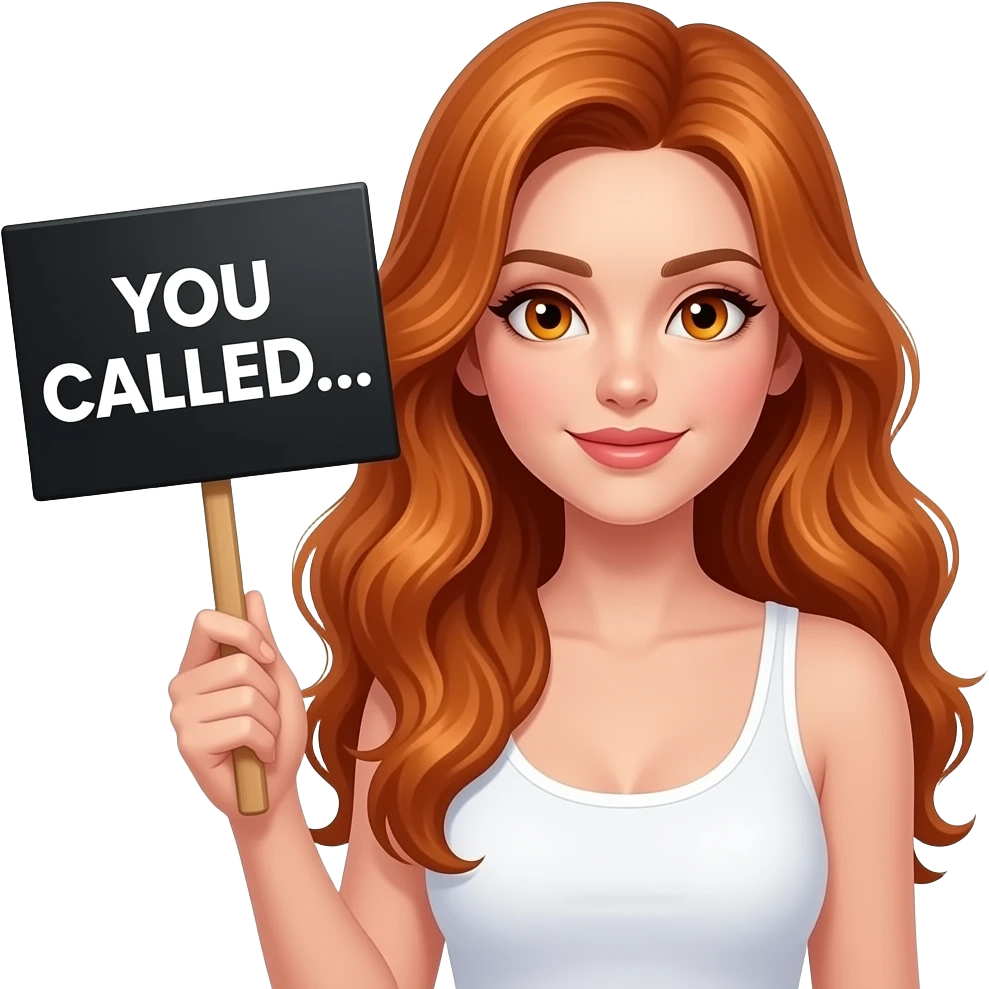 sexy girl with long wavy ginger hair and ginger eyes wearing a white tanktop is holding a black colored sign with YOU CALLED... written on it emoji