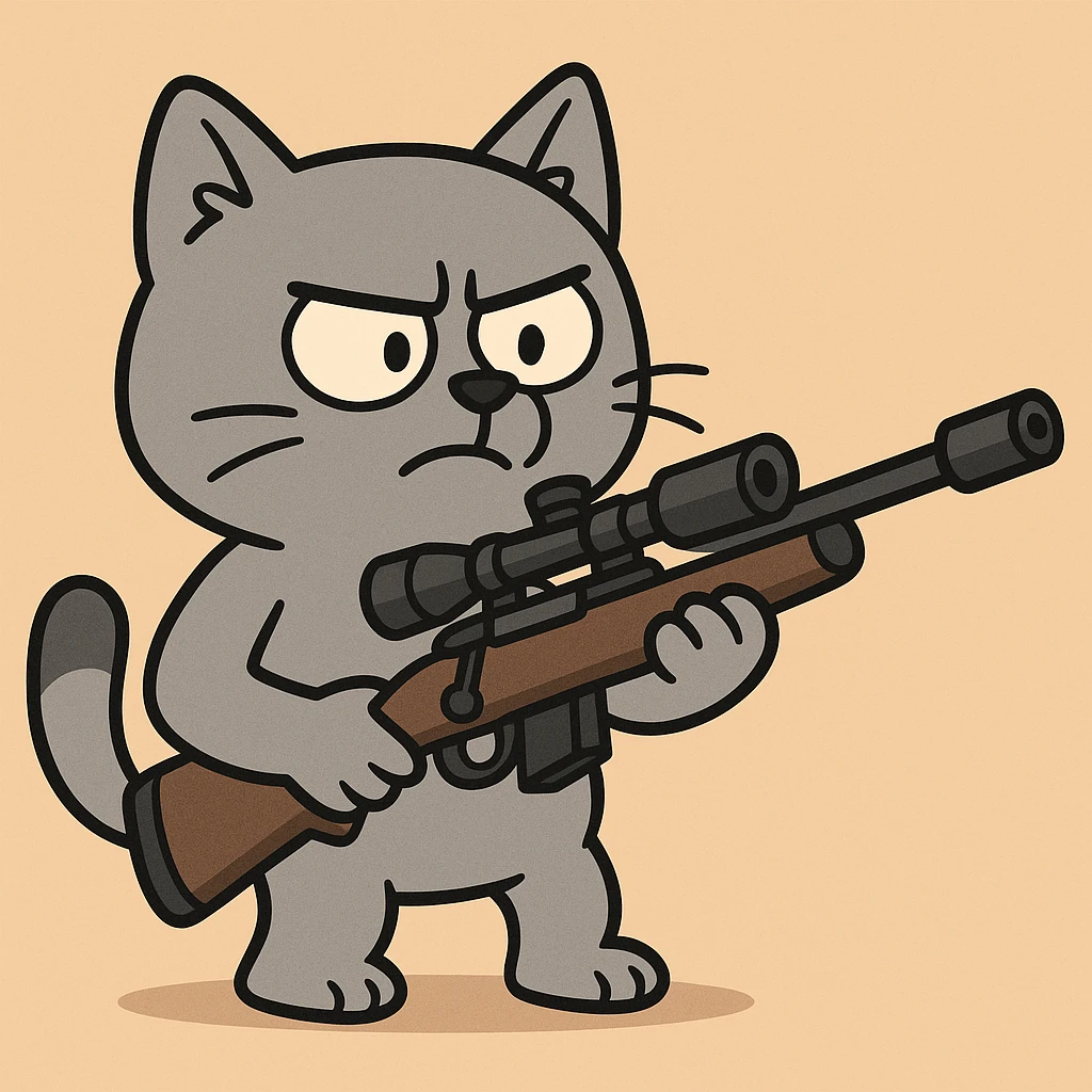 cartoonish small grey cat holding a sniper rifle, playful style emoji
