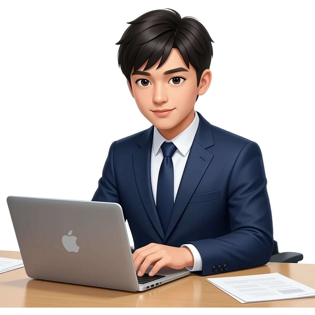 asian teenager wearing a suit, typing on his laptop. The camera angle looks at him at the front emoji
