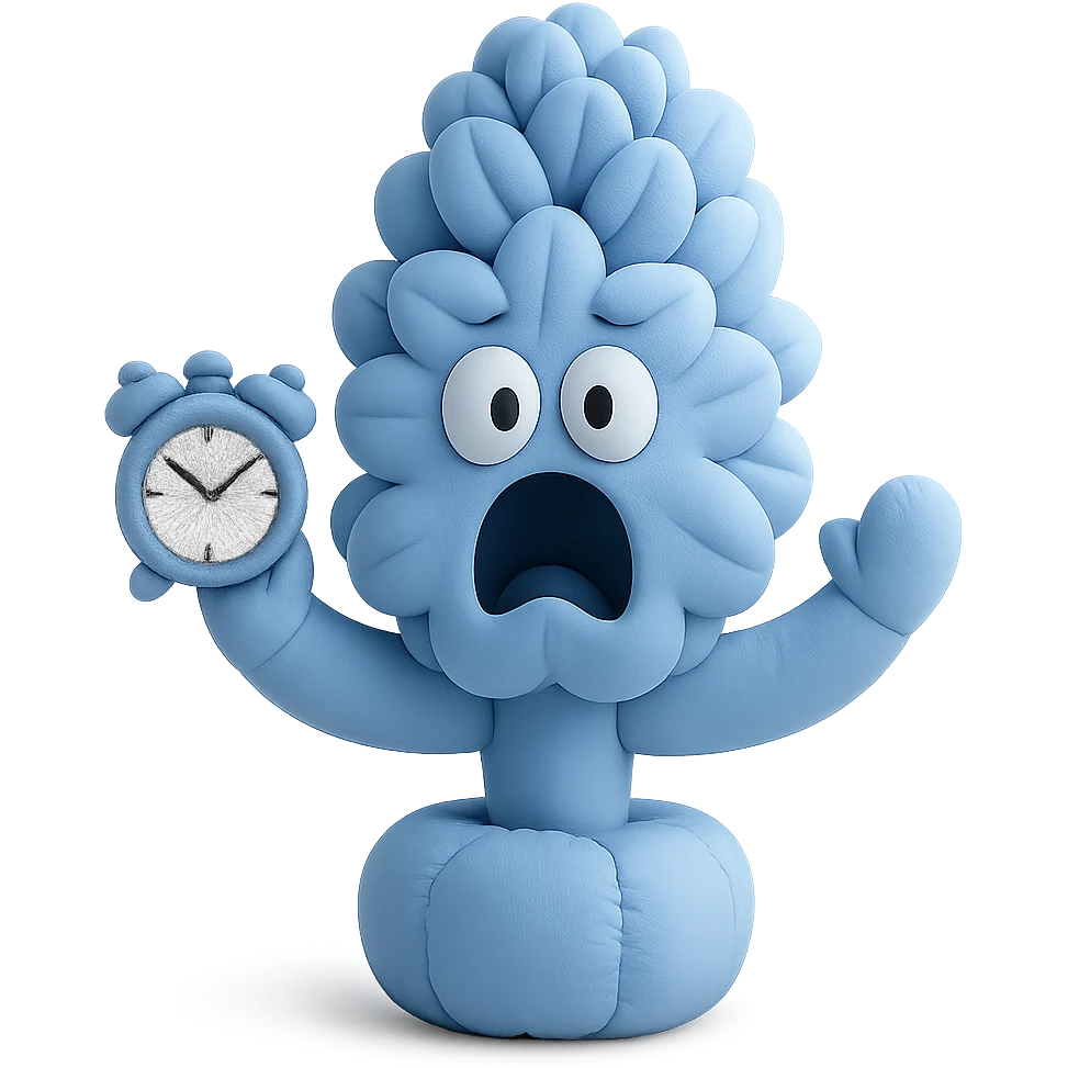 pastel blue hyacinth flower with alarmed eyes and a screaming mouth, waving a tiny alarm clock, fluffy and round, cushion style emoji