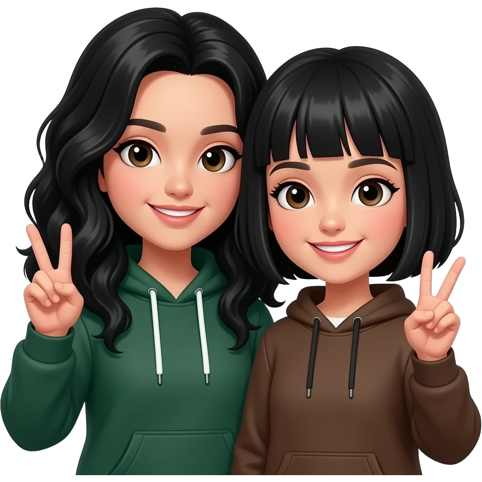 a wihte girl w dark green hoddie, black wavy tall hair w making the ✌🏻 another White, slightly dark brown same height as hergirl w black short hair n bangs making the ✌🏻 w her n there close to each other emoji