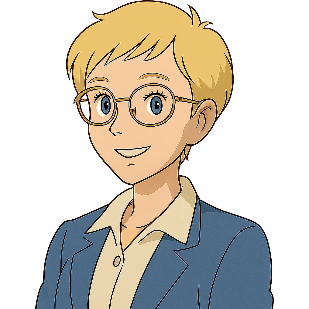 ghibli style blonde teacher with pixie haircut, gold glasses, blue eyes, big eyelashes, nice smile emoji