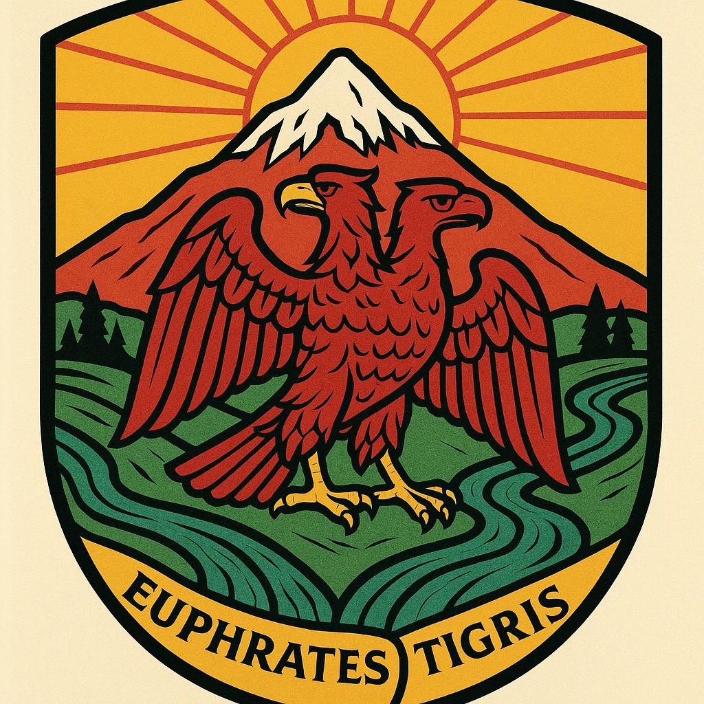 A crest design featuring a snowy mountain on another mountain, a double-headed eagle with one head facing left, two rivers called Euphrates and Tigris flowing beneath, the sun in the background, and a color scheme dominated by yellow, red, and green. emoji