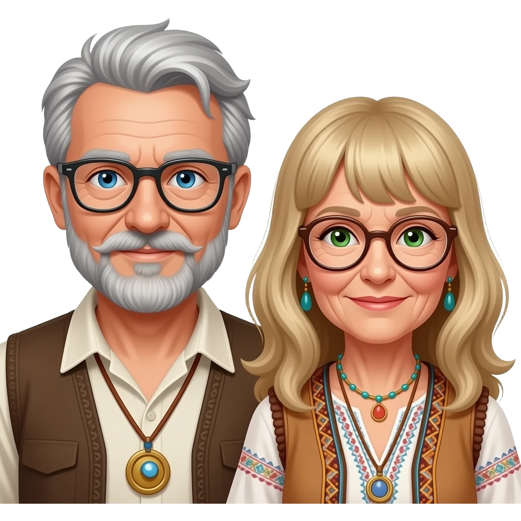 Emoji of a senior man  with blue eyes a beard mustash wearing glasses with a senior  lady  few wrinkles dressed in hippie bohemian with blonde hair glasses with bangs  glasses  green eyes  dressed hippie  bohemian style emoji