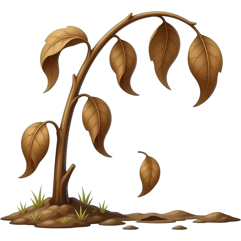 Wilted dead dark brown plantstem from the ground with leafs hanging and a leaf falling to the ground emoji