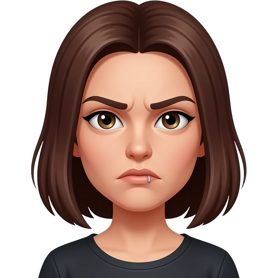 Quiero que la hagas un poquito más enojada. Pero sin que casi se note apenas. Además quiero le quites el piercing de la nariz y le agregues uno en la boca emoji