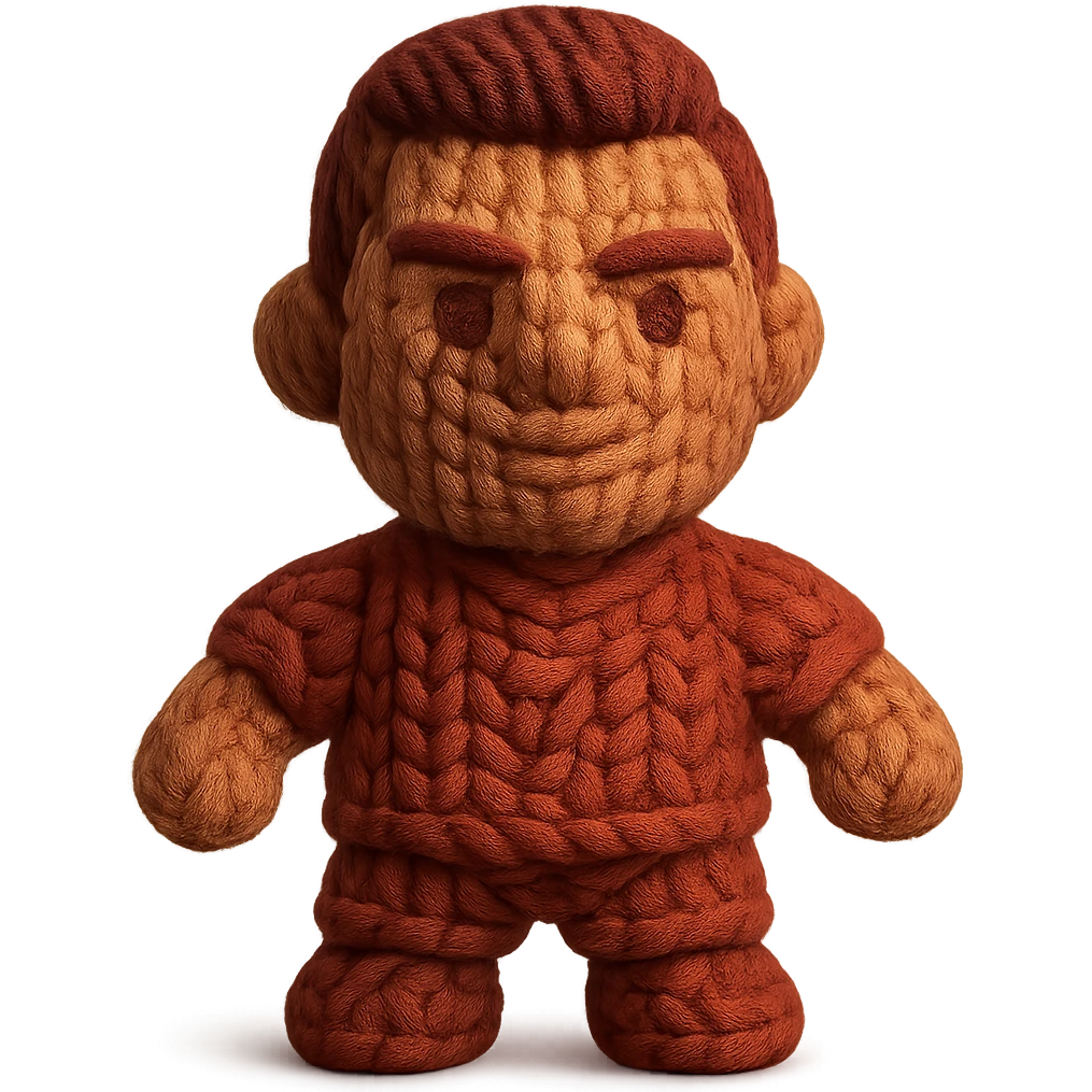 Cristiano Ronaldo as a knitted doll made with red knitted thread, realistic painted cartoon style emoji