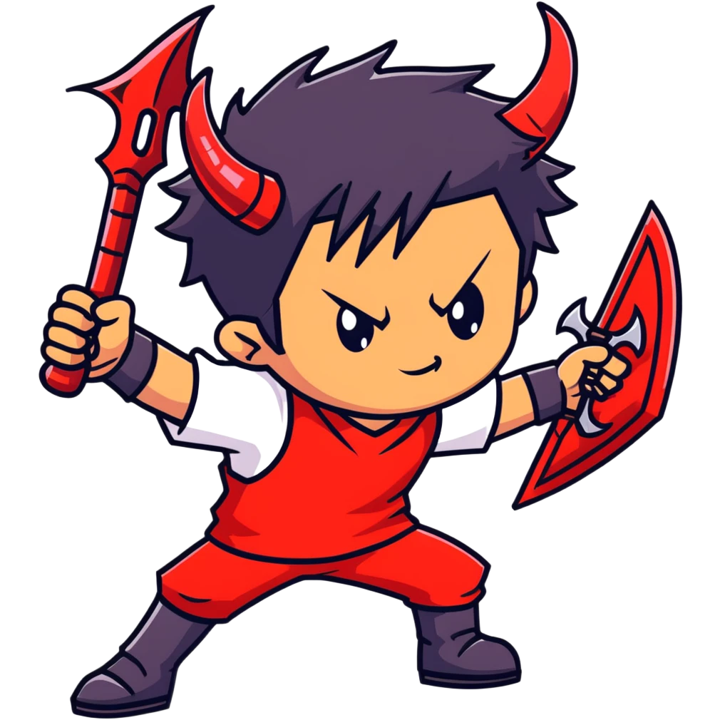 Anime devil boy with spiky black hair, red horns, and a battle axe emoji