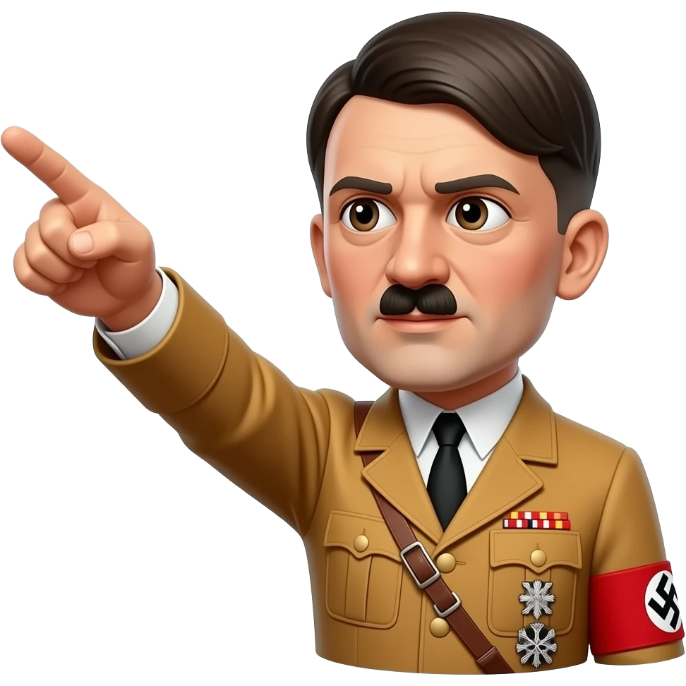 Adolf Hitler doing the Nazi salute with his arm pointing out front with all his fingers up at a 30 degree angle, with a front left camera shot emoji