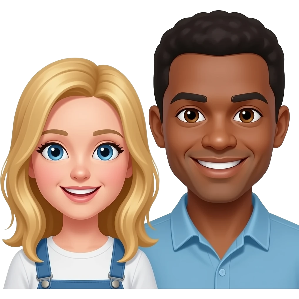 Blonde girl with blue eyes and African American man with black hair with brown eyes  smiling show teeth and light brown skin emoji