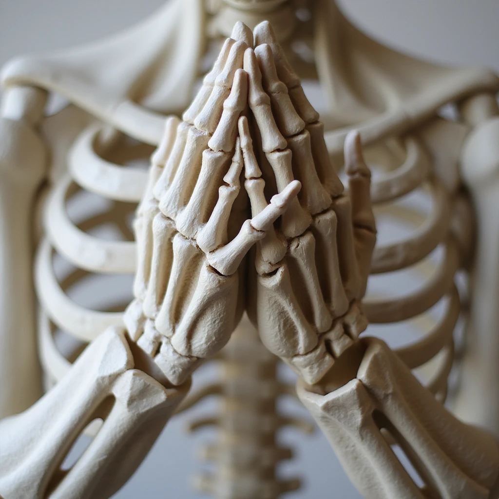 praying skeleton hands, detailed, realistic, bones visible, hands together in prayer emoji