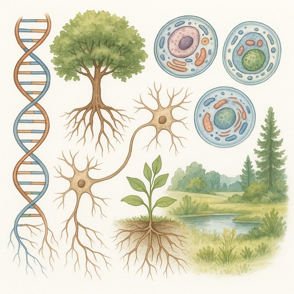 A realistic biological illustration (like in a school book) showing: DNA strands transitioning into a tree, cells with visible organelles, neurons connected to plant roots  and a balanced ecosystem background . Seamless integration, no labels or borders, white background, detailed but minimalist.  emoji