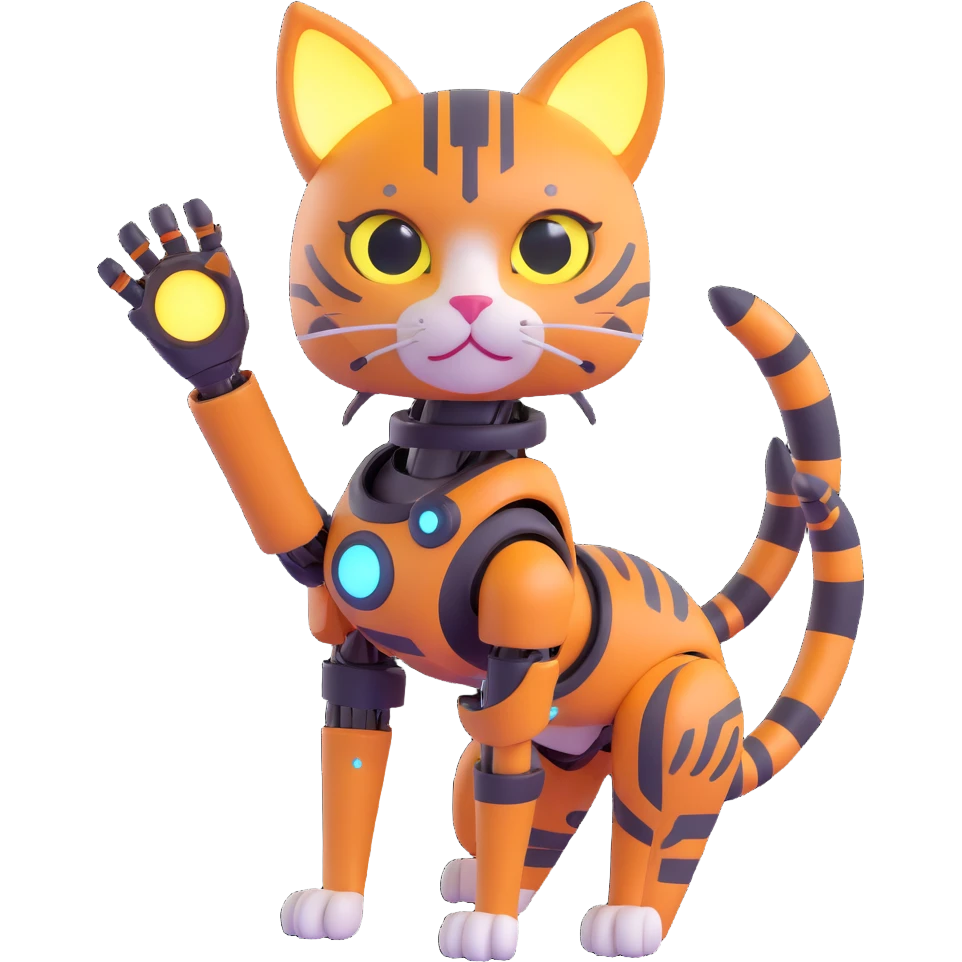 3D cat girl hybrid, robotic limbs, glowing accents, cat ears and tail, sci-fi background emoji