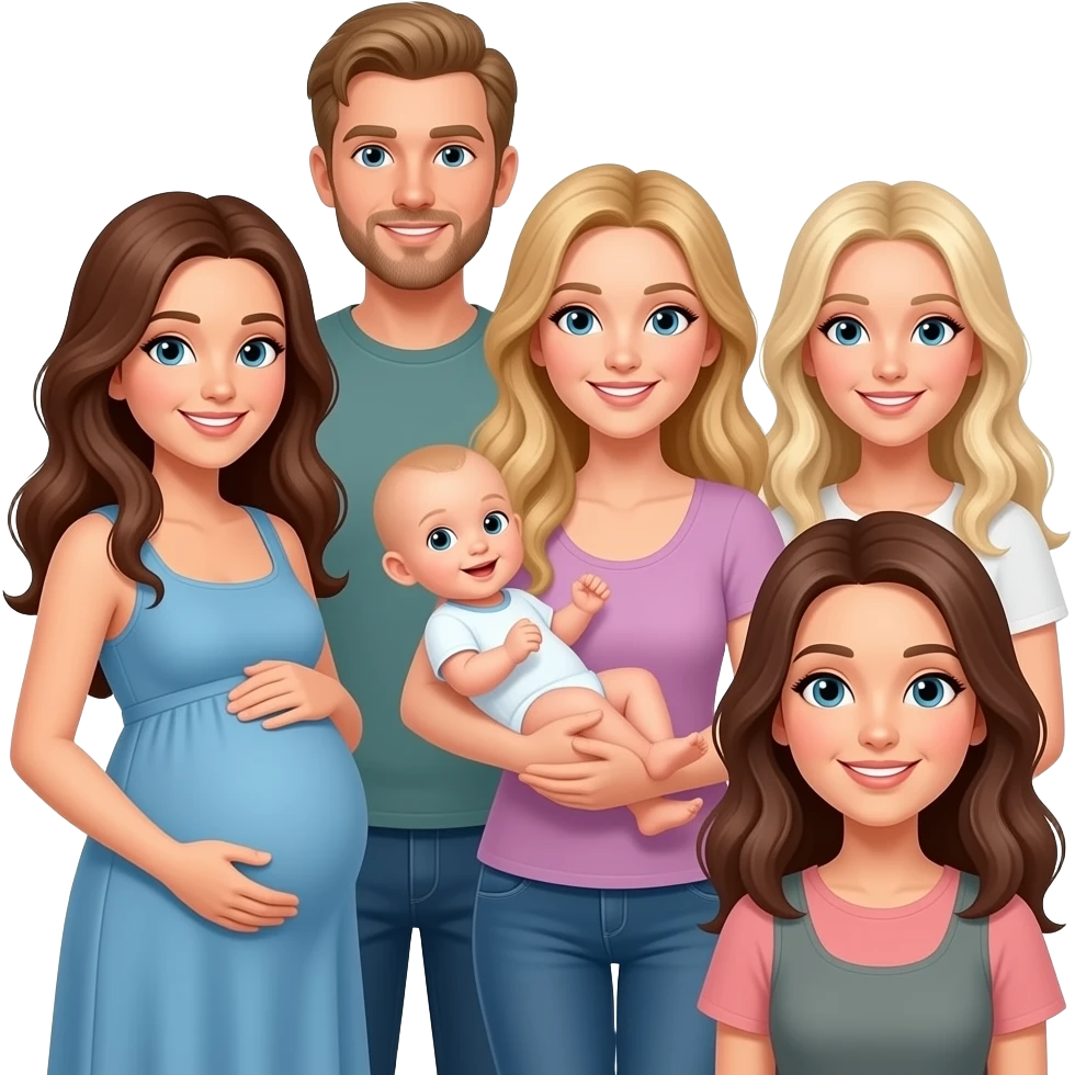 Caucasian friends with long hair: 1 brunette whose pregnant, 1 dirty blonde tall, 1 mom 1 blonde with baby in arms, 1 blonde, 1 brunette emoji