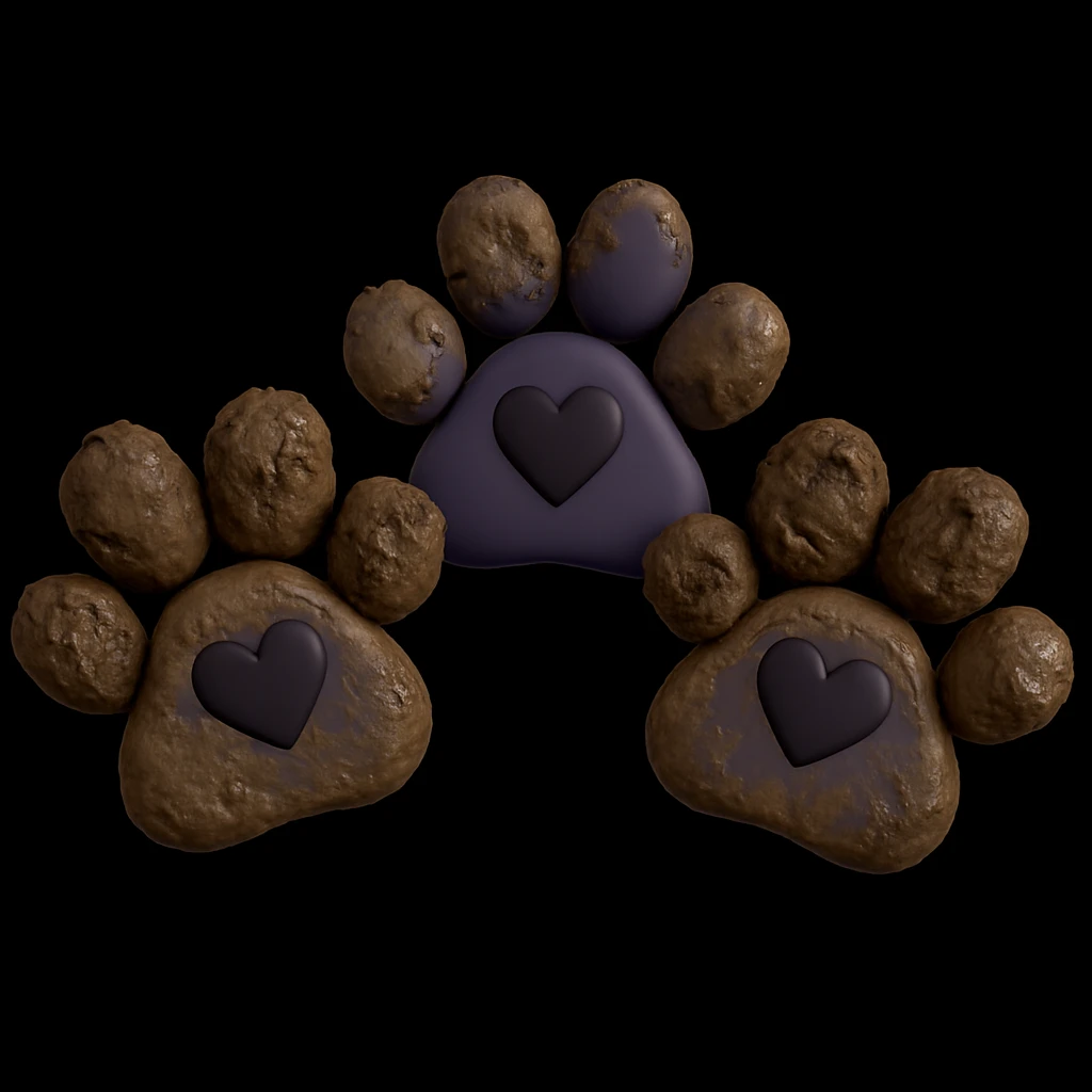 Make the two black puppy paws look muddy, keep the black heart around them and original style (original style slug: 3d-emoji) emoji