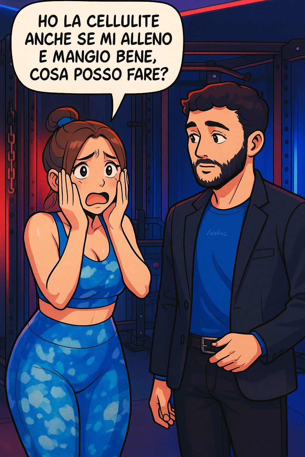 TRASFORMA QUESTO CAROSELLO IN UN FUMETTO STILE WEBTOON/MANGA A COLORI CON QUESTE DUE PERSONE IDENTICHE CHE INTERLOQUISCONO TRA LORO, LA DONNA è DISPERATA CON LE MANI SULLE GUANCE E STA DOMANDANDO TUTTA AGITATA UNA COSA ALL'UOMO:

LEI (DONNA): Ho la cellulite anche se mi alleno e mangio bene, cosa posso fare? emoji