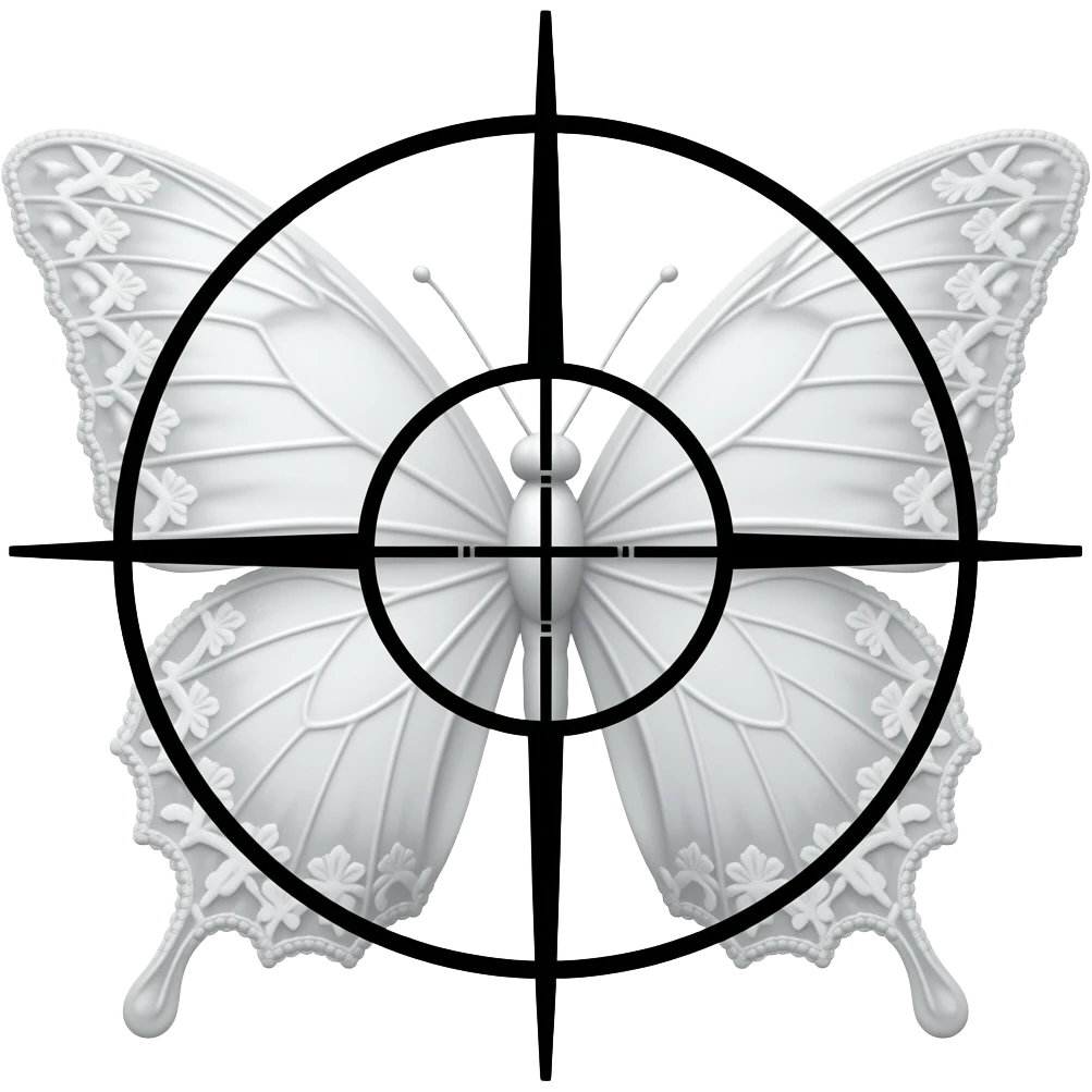 subtle elegant white butterfly, 3D emoji gothic butterfly, white velvet, white filigree, white lace trim, black sniper crosshair overlay emoji