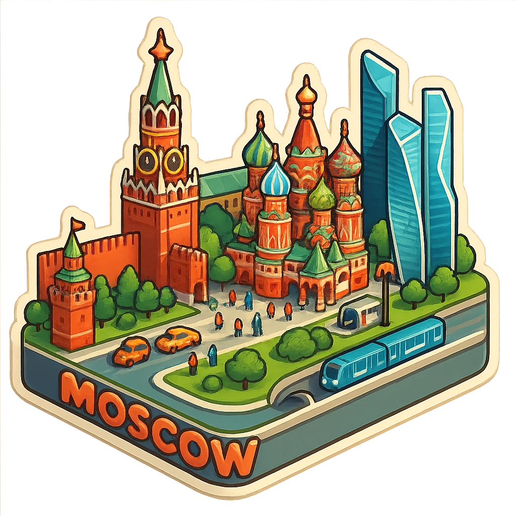 Изометричная миниатюрная 3D модель Москвы на подставке - фотореалистичный Кремль, собор Василия Блаженного, фотореалистичный Башни Москва-Сити, аккуратная детализация, яркие цвета, мультяшный реализм, гуляют люди и современный автотранспорт и метро, компактная композиция, вид сверху в изометрии emoji