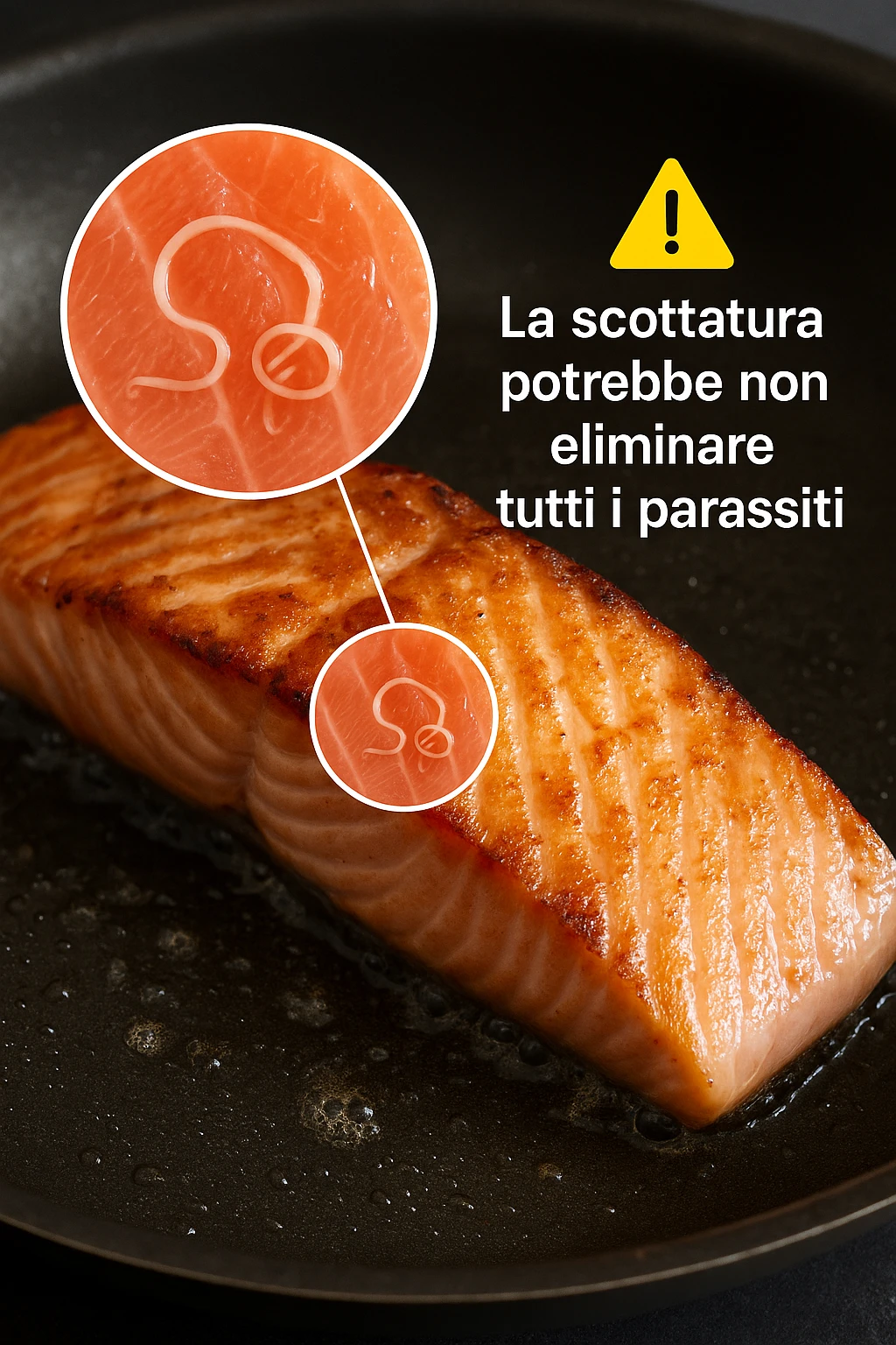 a close-up of a salmon fillet being lightly seared in a hot pan, with the outer layer cooked but the inside still raw. An inset magnifies the interior, showing visible Anisakis parasites surviving in the uncooked portion. A warning icon and educational text explain that searing alone may not eliminate all parasites. in italiano emoji