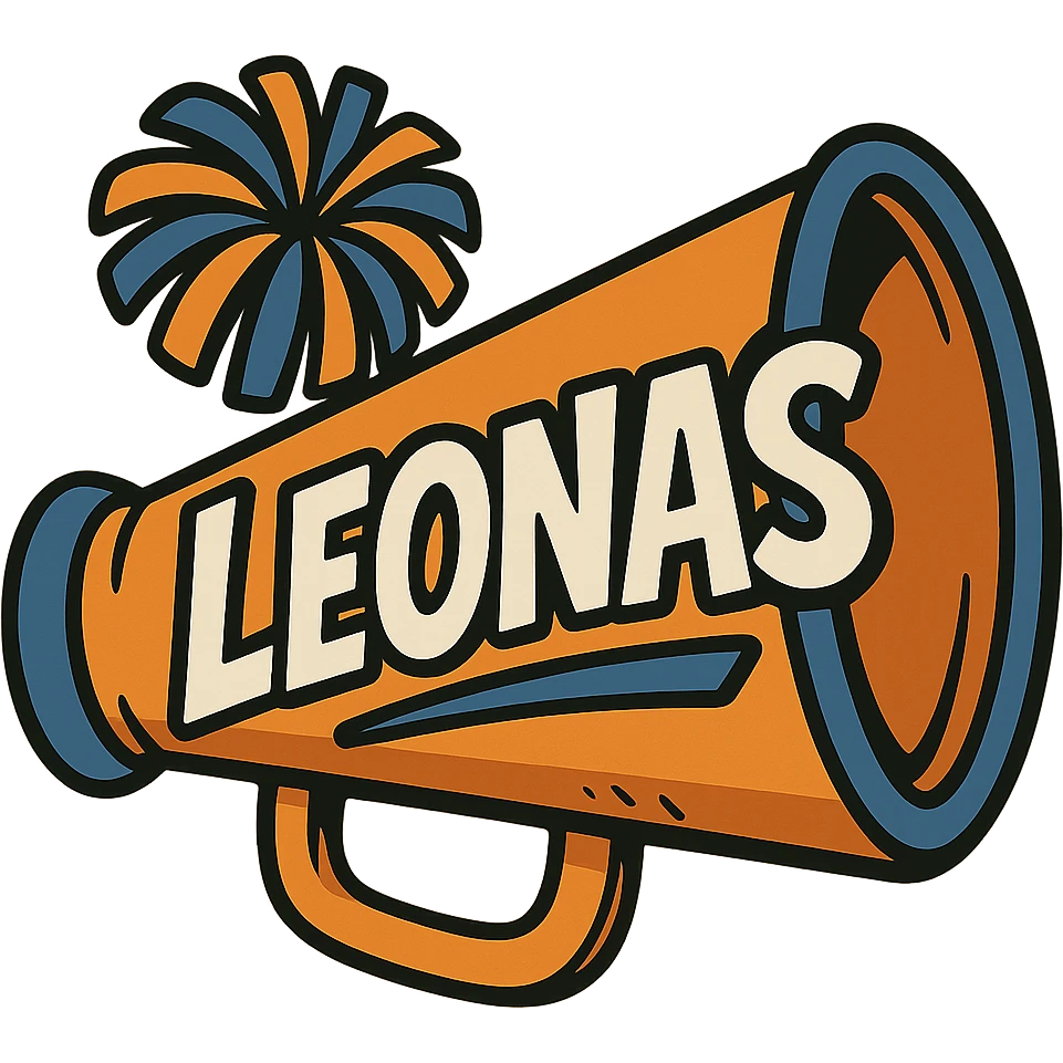 cheerleading megaphone with orange, blue and white colors, text 'Leonas', cartoon style emoji