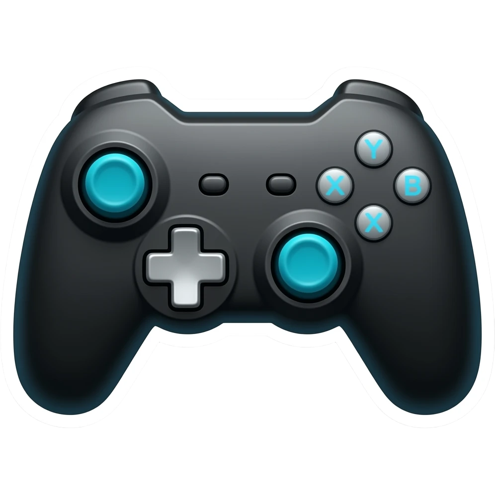 A high-quality sticker of a gaming controller, matte black with neon blue accents, front view, slightly oversized buttons, modern emoji-style, soft lighting, crisp edges, white outline, no background. emoji