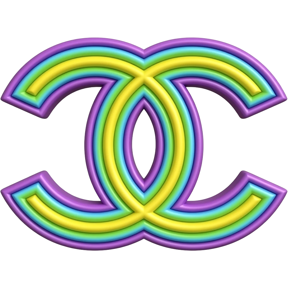 name "Chanel" in purple yellow lime green 3D style typography lettering, each color of the rainbow as a border outlined around each letter, isolated, 3d rendering, no emoji icons no emoji faces and must have no human figures emoji