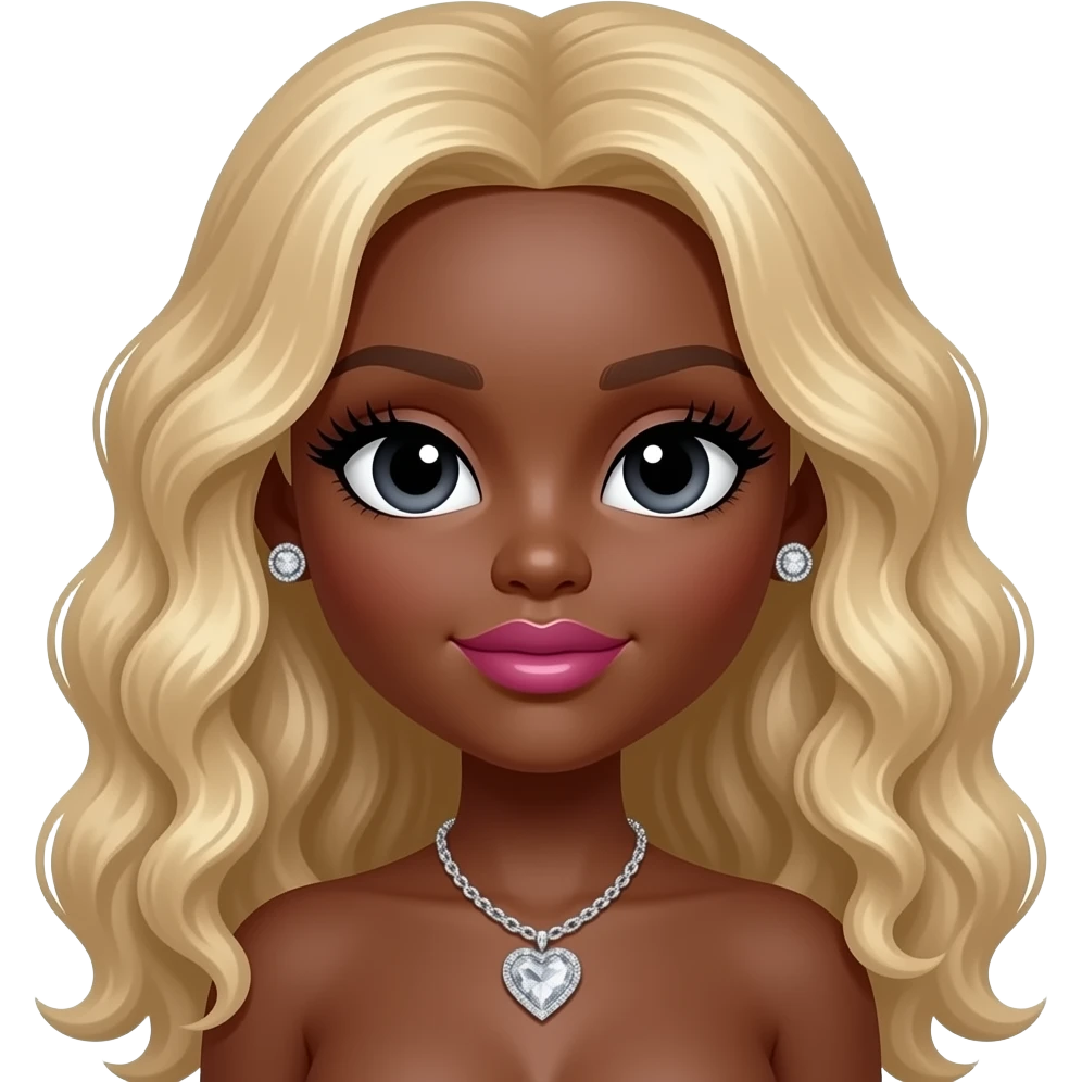 Black girl, Pink big lips, black doll eyes, dark brown skin, Long giant lashes,Doll faced shaped, silver Swarovski heart necklace, big diamond earrings studs, bimbo, black doll eyes, barbie, darker brown skin with long curly blonde hair, big breast, no bra emoji
