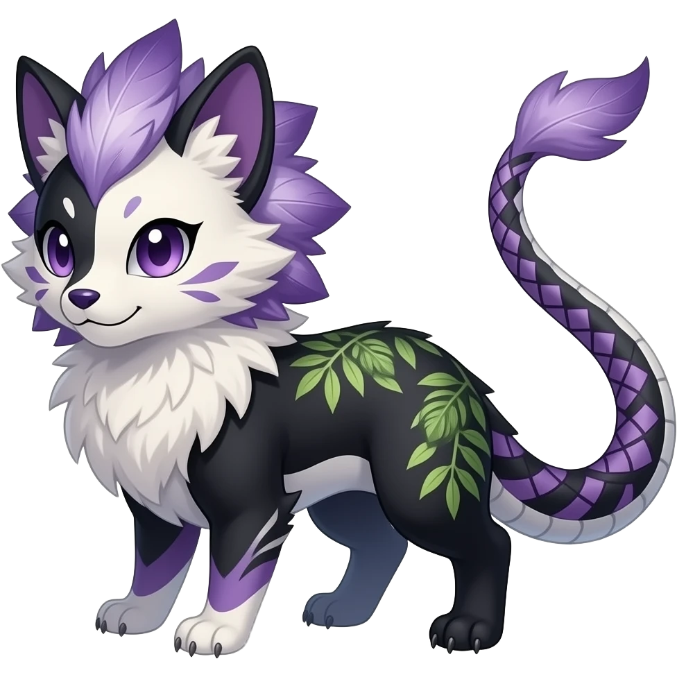 Furry, fluffy tropical flecked painted feathery scaly, Purple, white, black, Minccino-Bambino-Lykoi-Linoone-Zangoose-fusion-hybrid-animal-Fakémon-creature, full body, thin long sleek scaly tail, intricate markings emoji