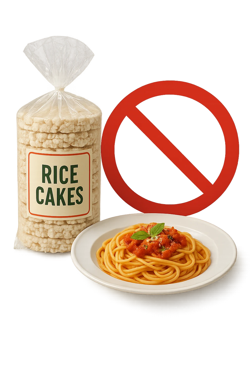 confezione di gallette di riso con accanto un piatto di pasta con divieto sopra, in italiano,  realistici emoji