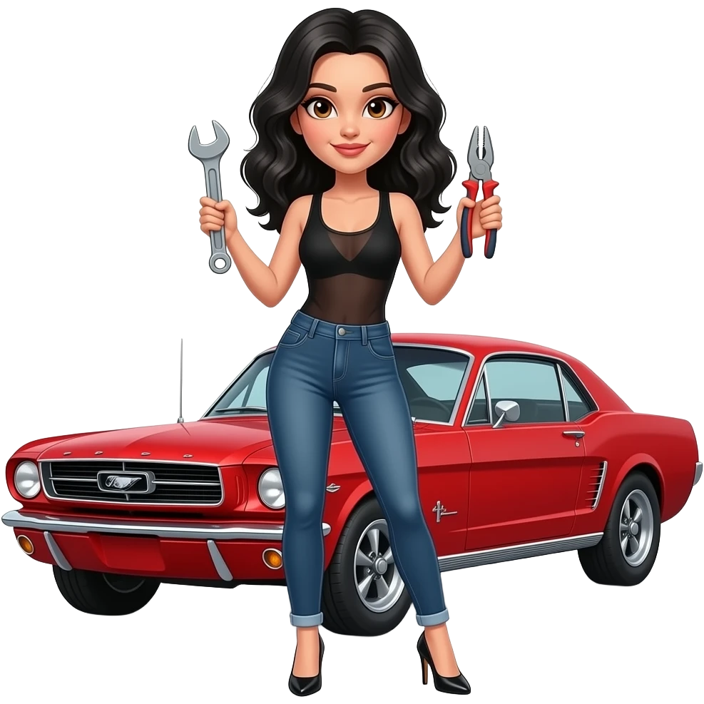 Pale girl with wavy jet black hair and brown eyes in front of a red ford mustang 1968 coupe. Girl wearing a sheer black sleeveless top, low rounded neckline, jeans and heels with visible toes. Girl holding an adjustable wrench in his right hand and a pair of multi-grip pliers in his left hand. emoji