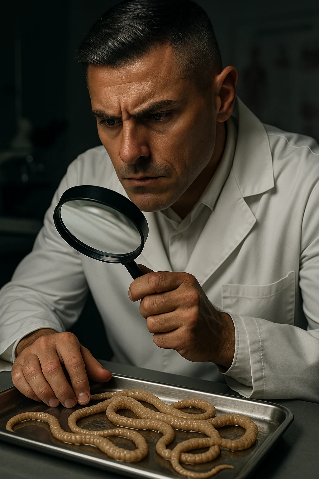 A middle-aged male kinesiologist wearing a pristine white lab coat, intensely analyzing long, beige tapeworms (like Taenia) under a magnifying glass. His expression is focused and slightly concerned, with dramatic studio lighting casting sharp shadows. The parasites are highly detailed, moist, and textured, stretched across a sterile metal tray. The background is blurred but suggests a clinical environment—hints of a microscope, medical charts, and clean lab equipment. The style is hyper-realistic, with a cinematic contrast between the bright white coat and the grotesque, organic forms of the parasites. No sci-fi elements, just raw medical realism with a disturbing edge emoji