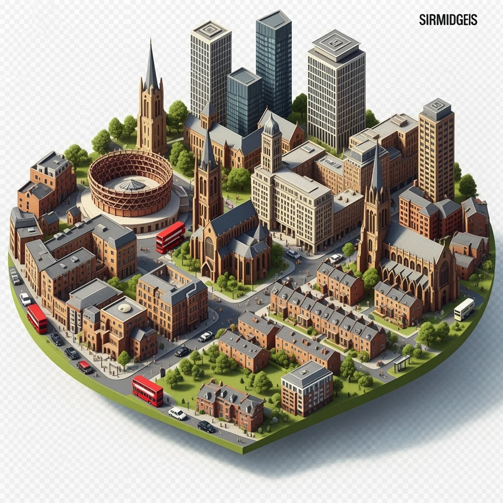 Isometric illustration of Birmingham highly detailed in semi-realistic, 3D miniature effect, transparent background. emoji