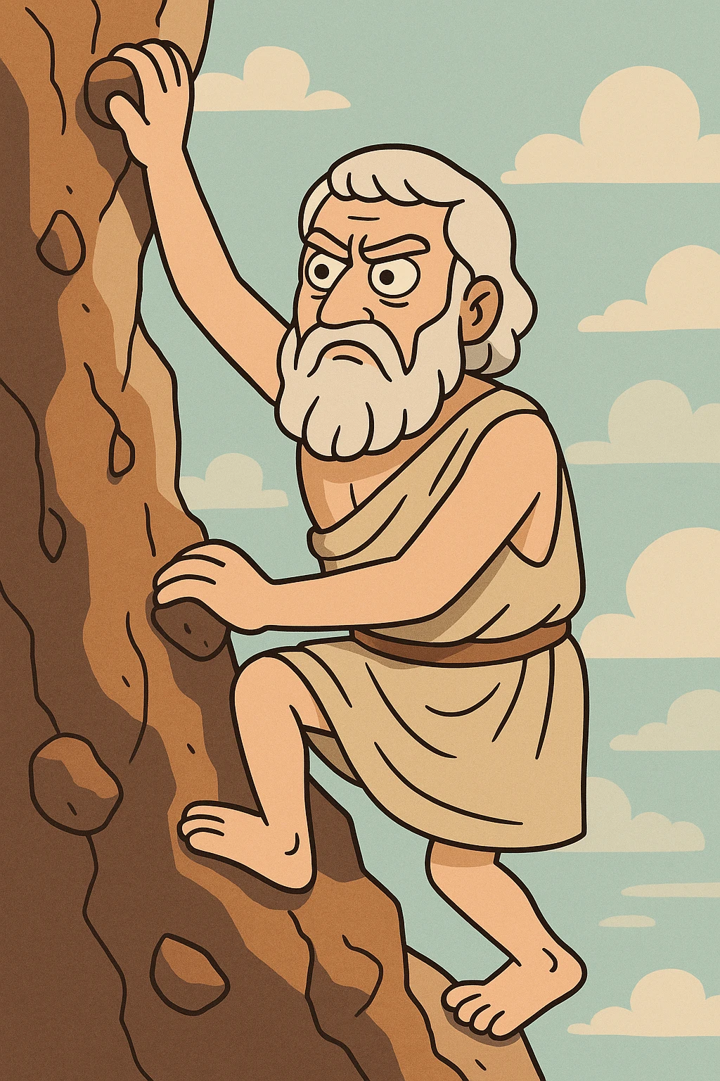 Plato rock climbing, ancient Greek philosopher, determined expression, cartoon style emoji