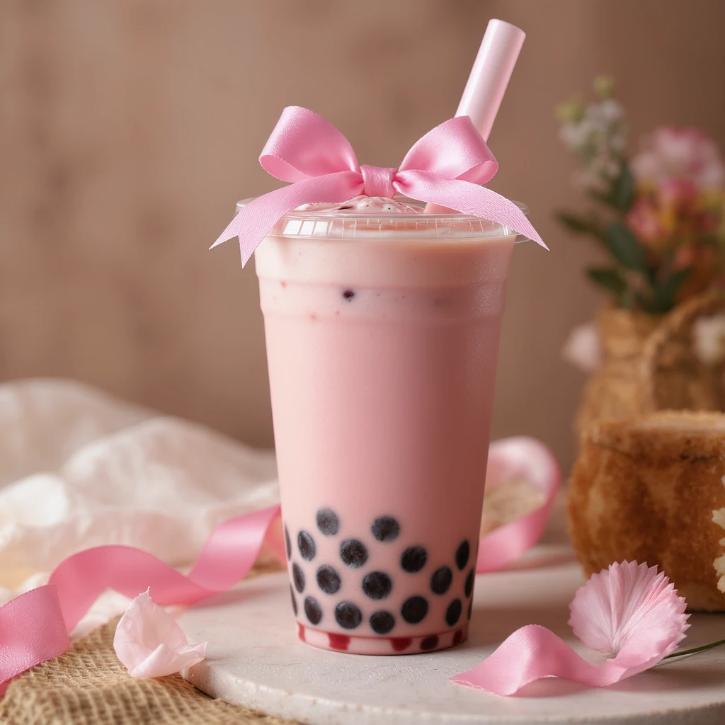 Remove the background from the photorealistic pink bubble tea with a bow, keep the image elegant and realistic, ensure transparency. emoji