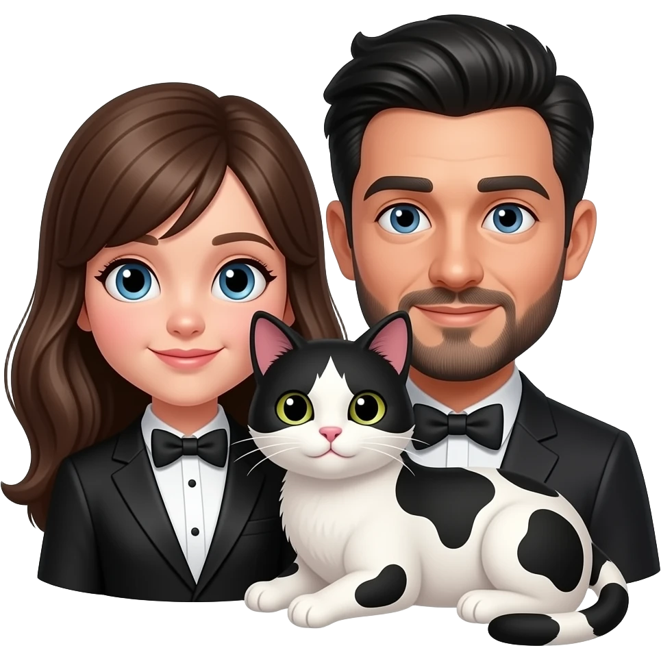 brunette girl with blue eyes and man with black hair and beard and blue eyes. and one black and white tuxedo kitten and one black and white cow kitten. all cuddled together emoji