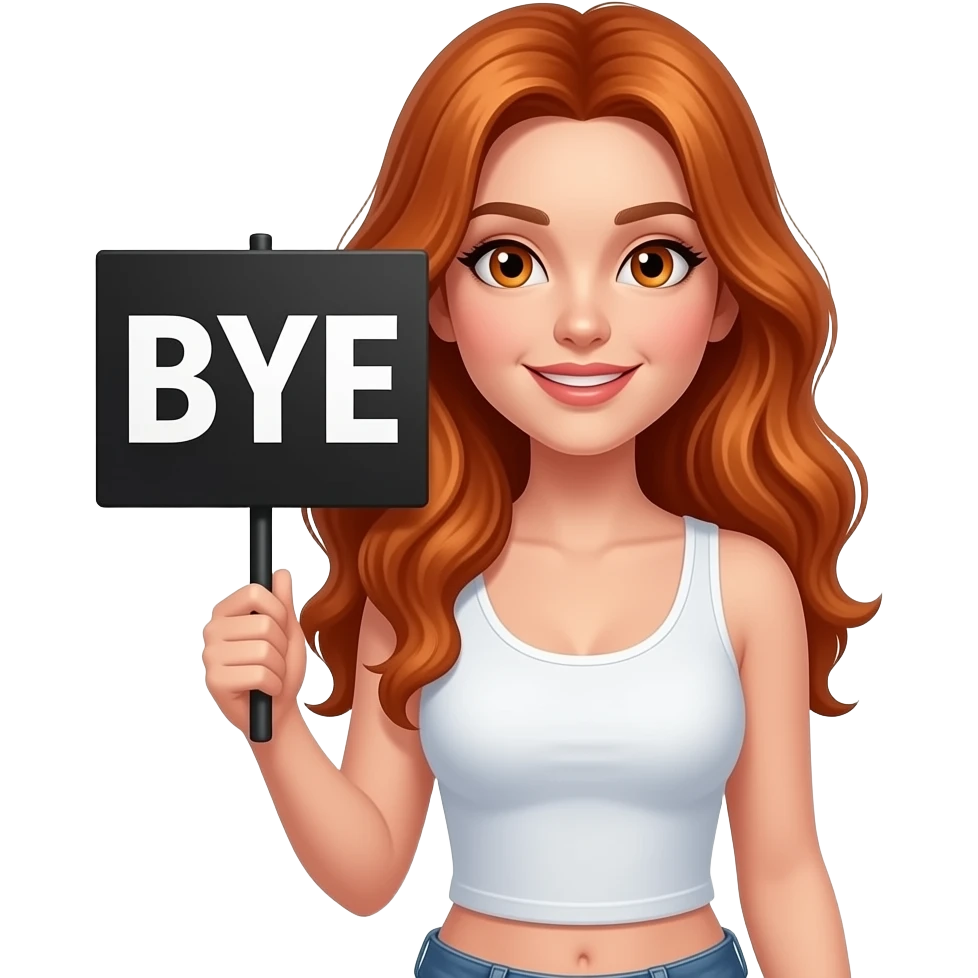 sexy girl with long wavy ginger hair and ginger eyes wearing a white tanktop is holding a black colored sign with BYE written on it emoji